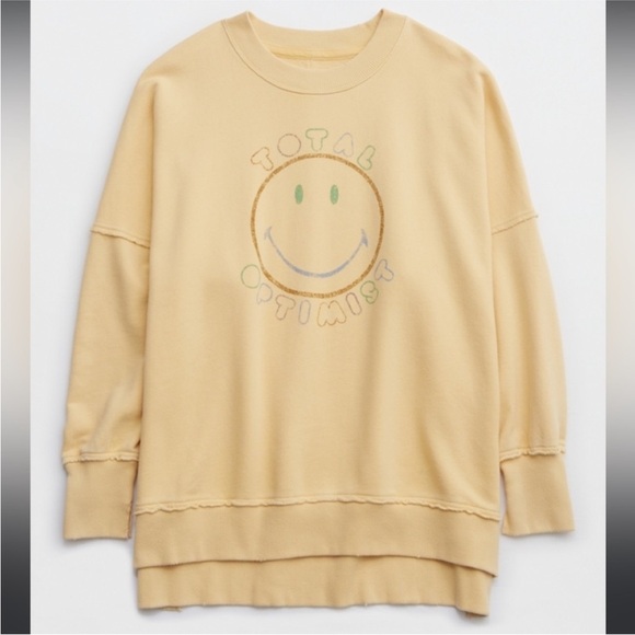 aerie Tops - AERIE Yellow "Total Optimist" Crewneck Distressed Sweatshirt; Extra Small. NWOT